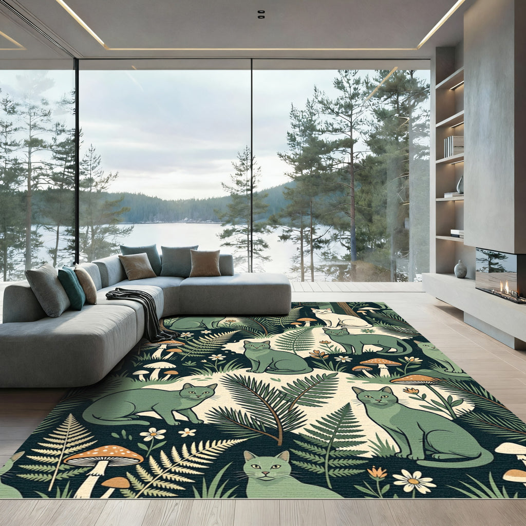Enchanted Forest Cats Mushroom Meadow Scene Rug
