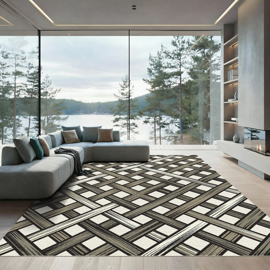 Woven Tan Neutral Lattice Weave Rug