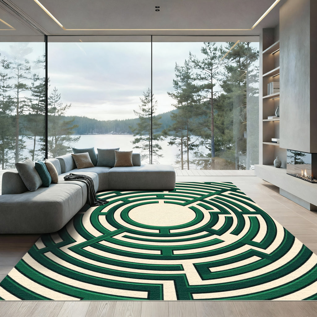 Contemporary Emerald Green Circular Labyrinth Rug