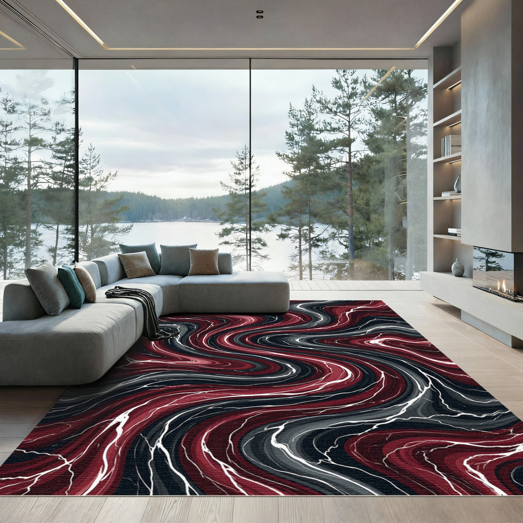 Dark Crimson Swirl Marble Abstract Rug