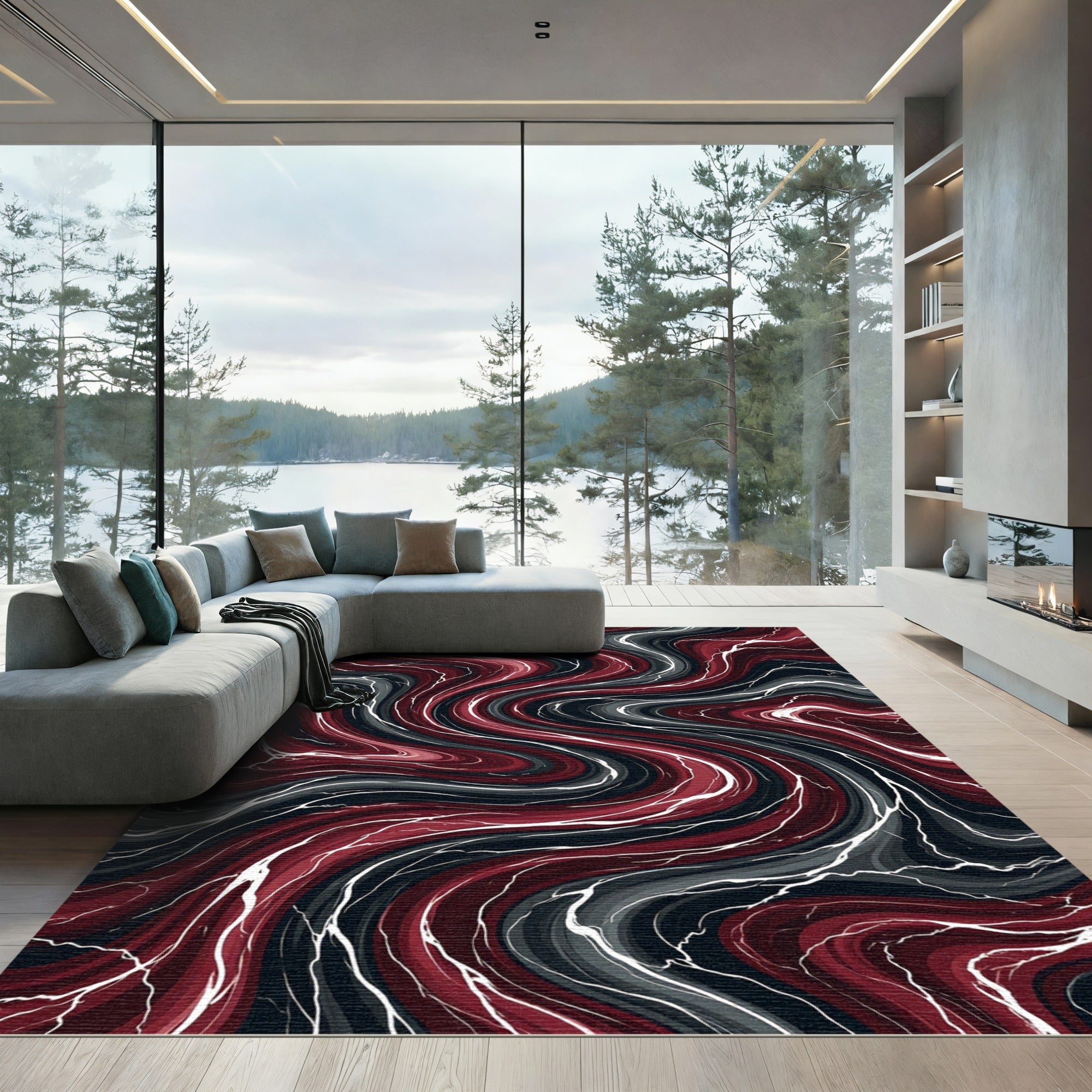 Dark Crimson Swirl Marble Abstract Rug