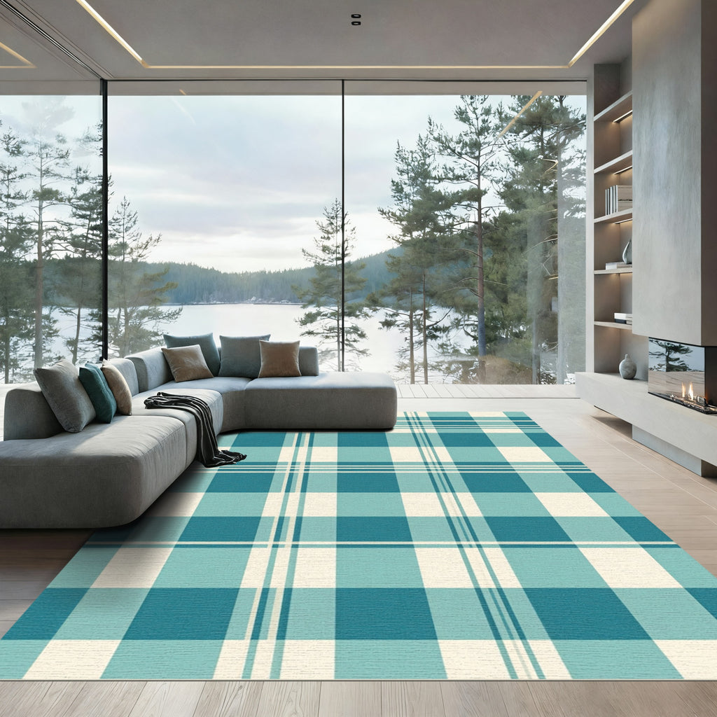 Classic Teal and Cream Tartan Plaid Rug