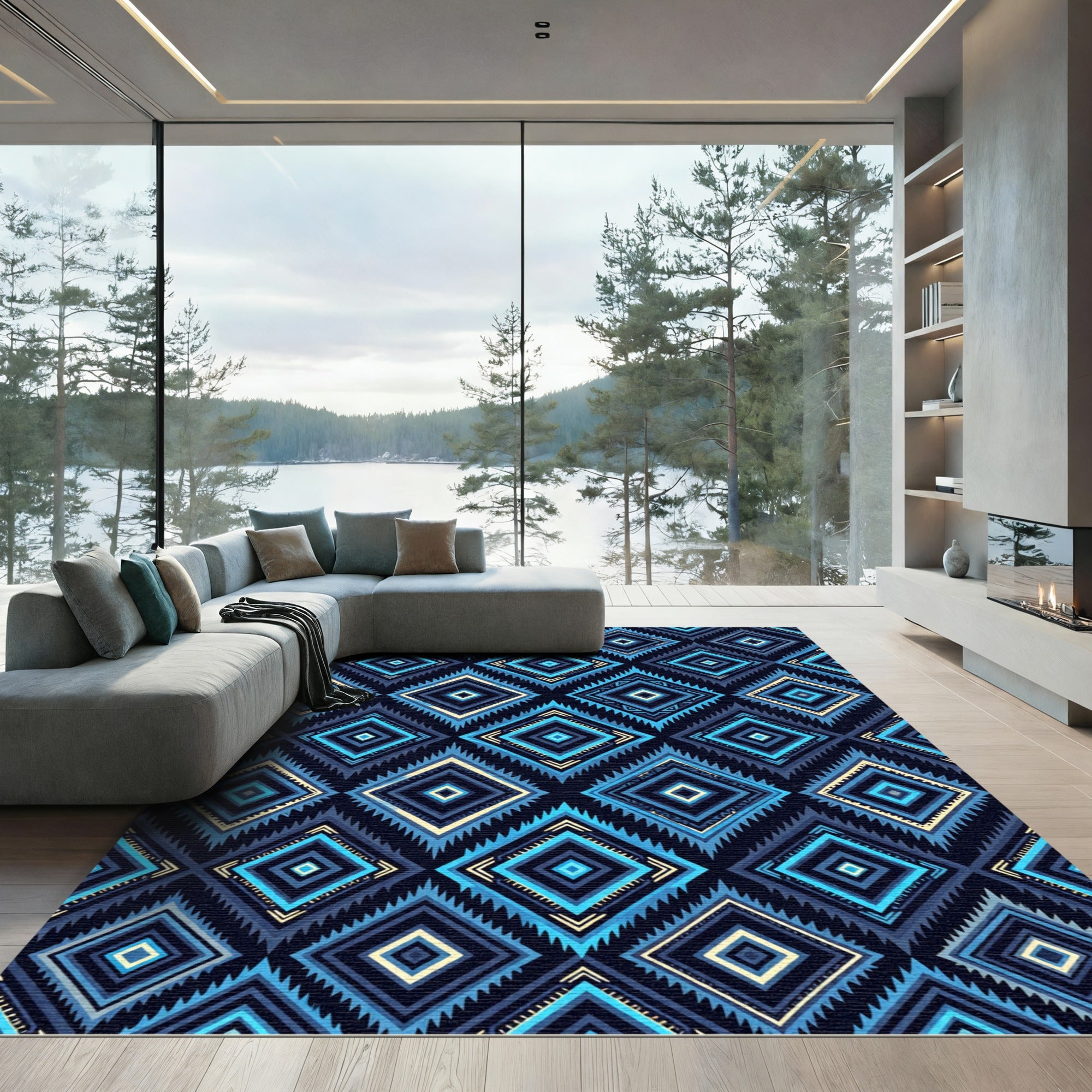 Bold Navy Blue Geometric Diamond Rug