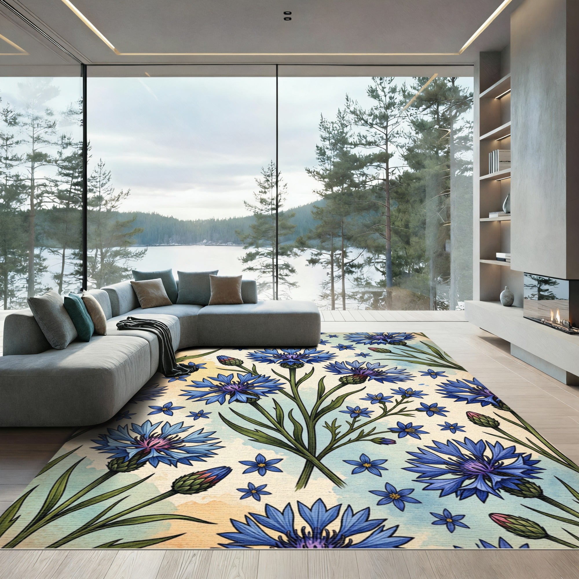 Blue Cornflower Garden Watercolor Background Rug