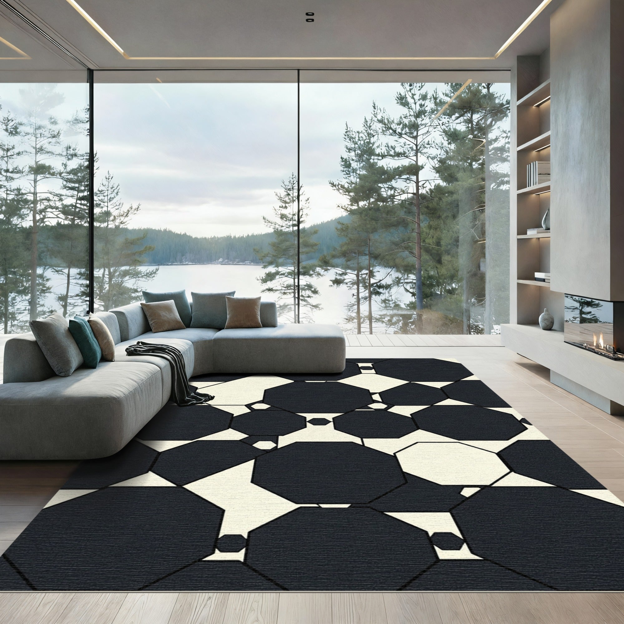 Monochrome Geometric Octagon Mosaic Rug