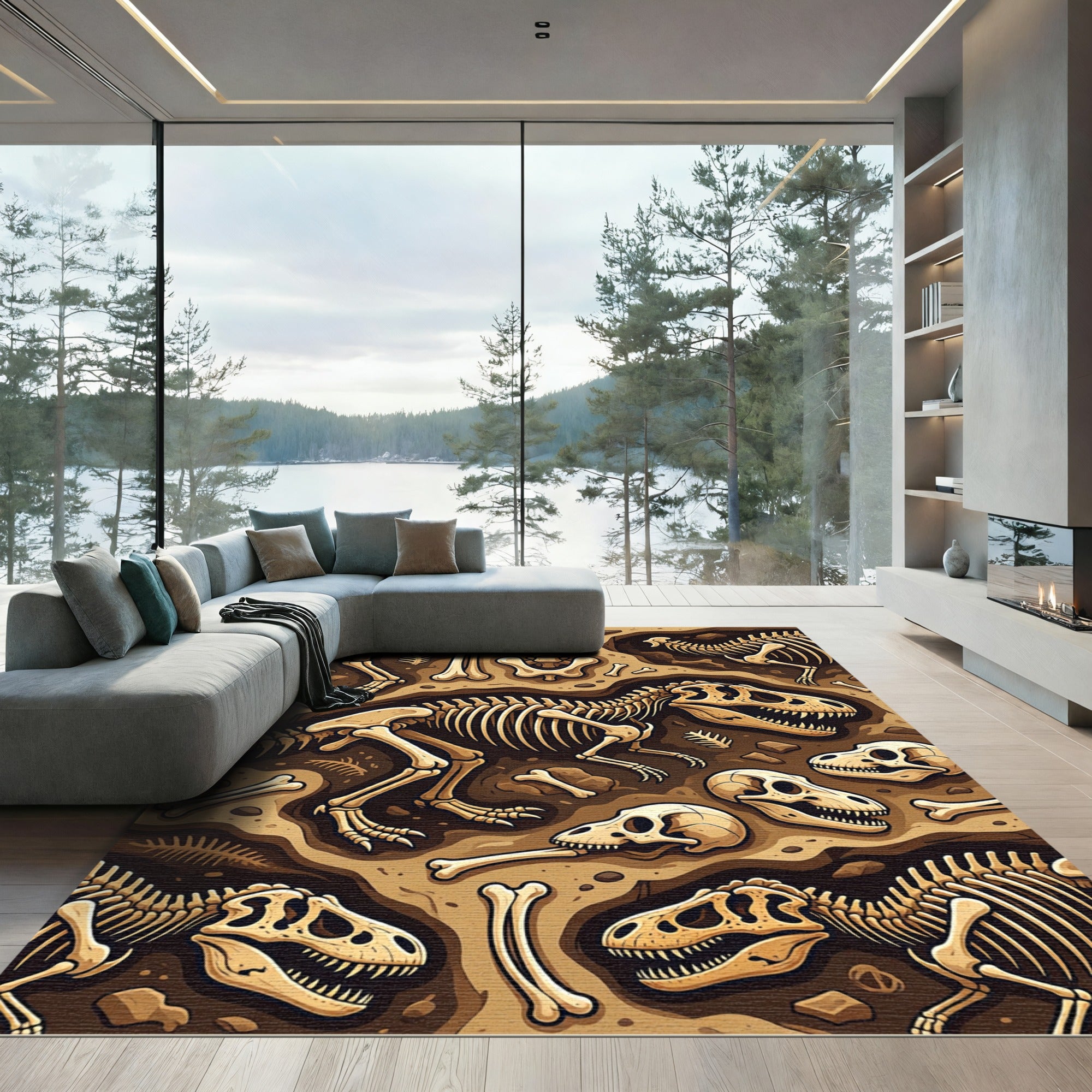 Paleontological Earthy Dinosaur Skeleton Illustration Rug