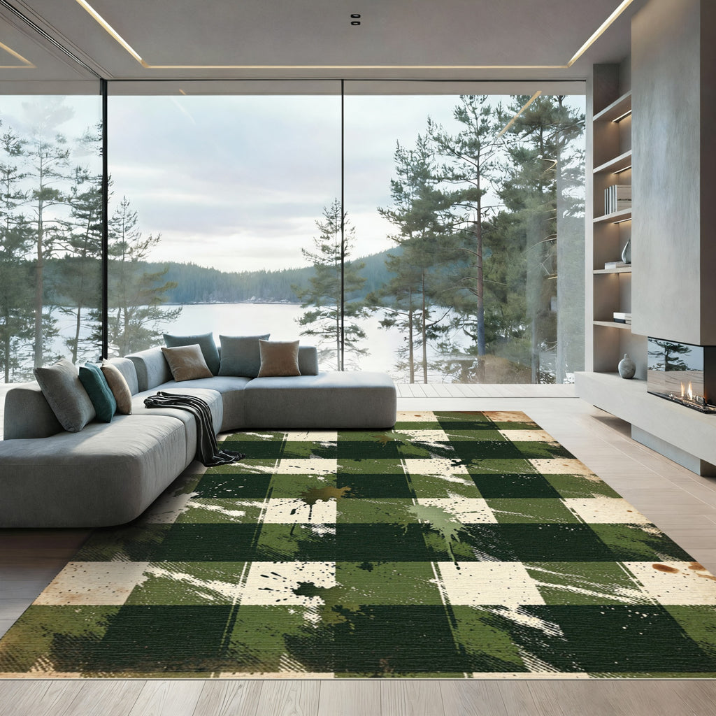 Distressed Green Gingham Splatter Rug