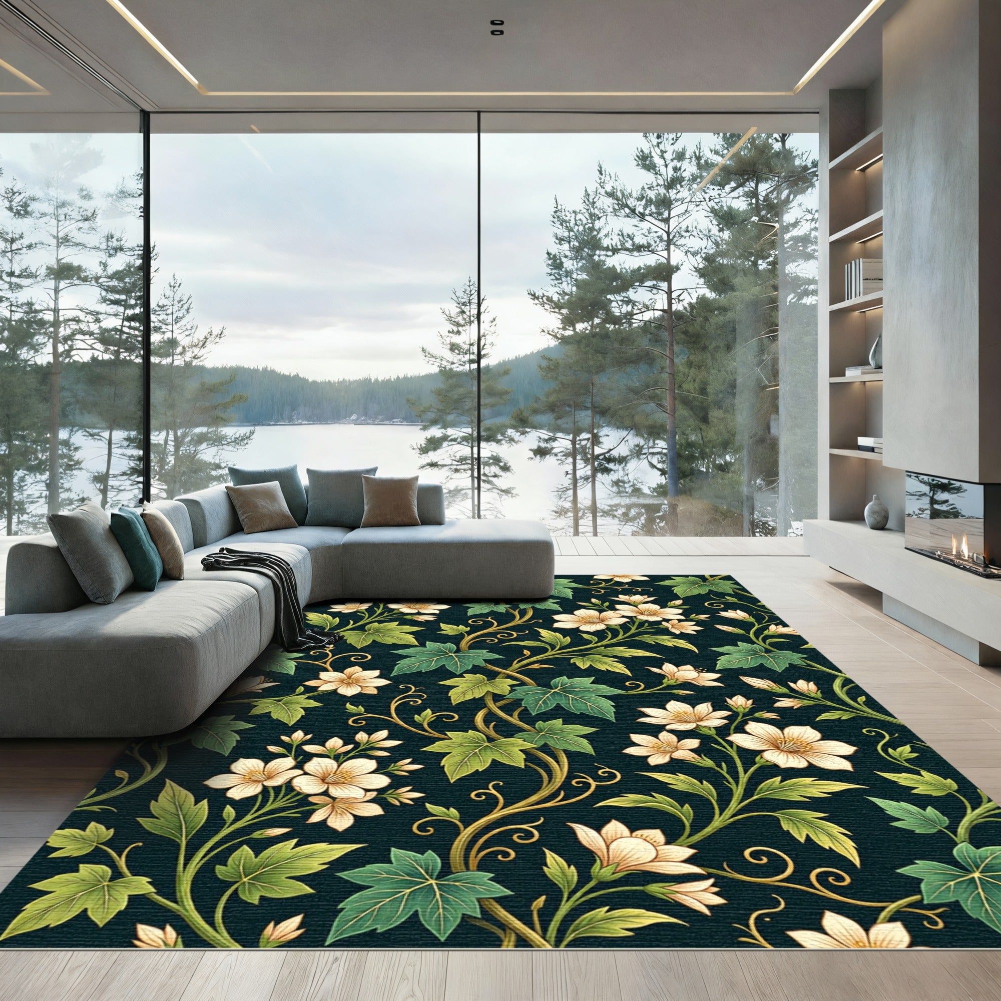 Elegant Cream Floral Ivy Vine Rug