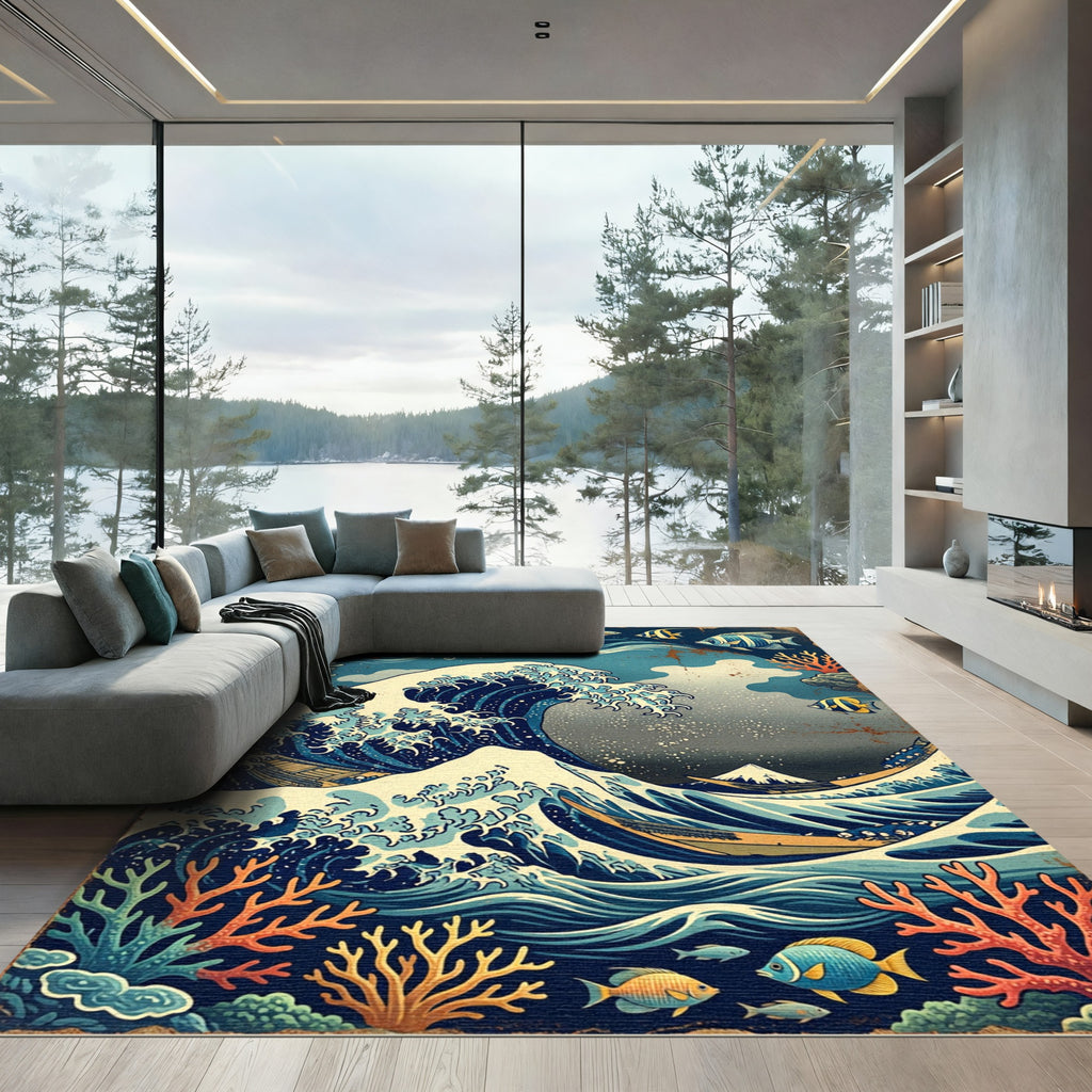 Japanese Great Wave Coral Ocean Art Rug