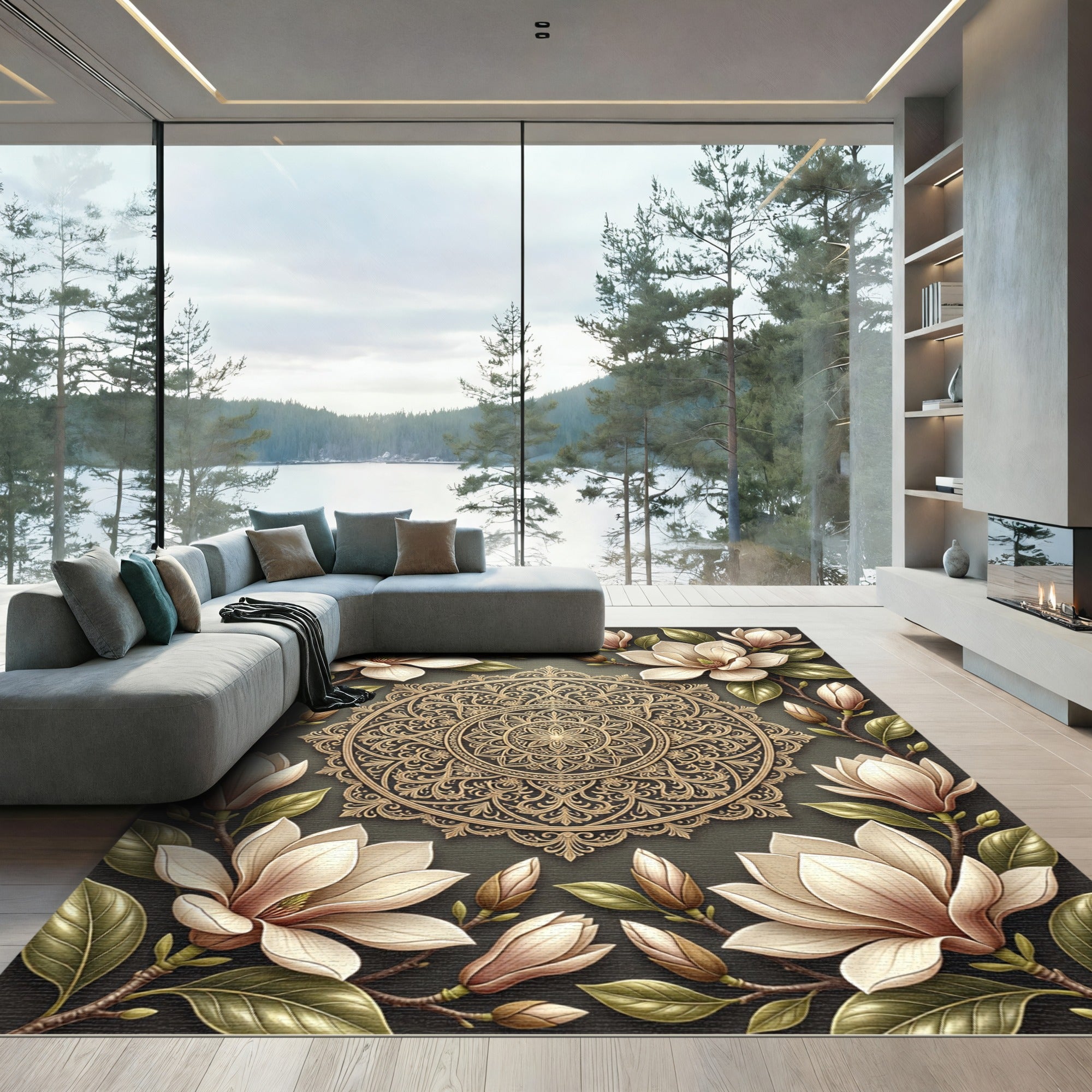 Elegant Floral Magnolia Gold Mandala Rug