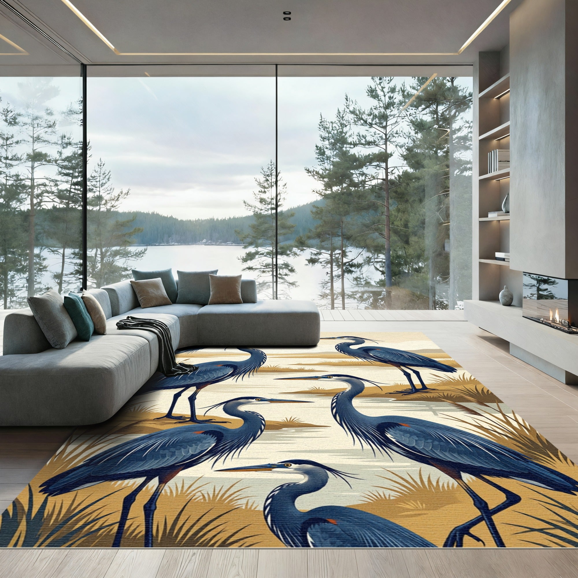 Blue Heron Marsh Serene Wetland Canvas Rug