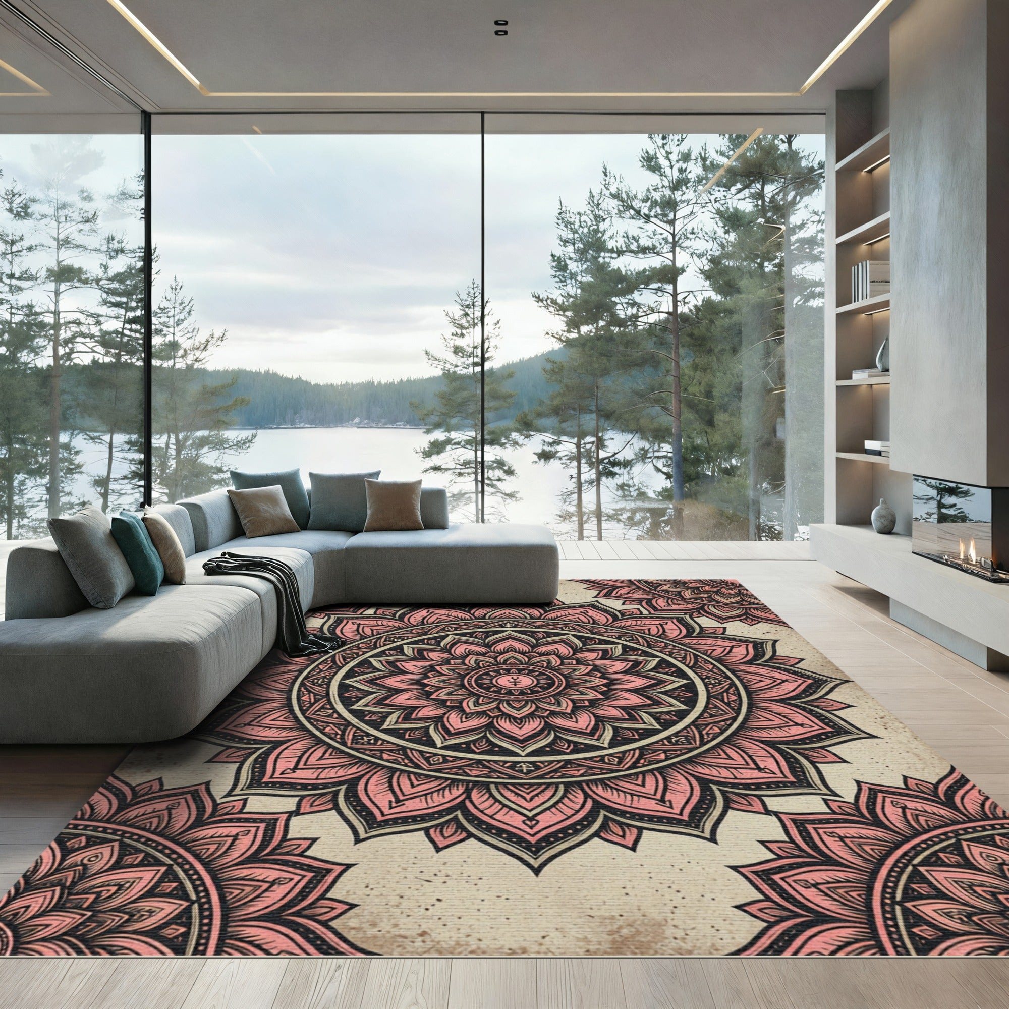 Blush Pink Lotus Mandala Medallion Circular Rug