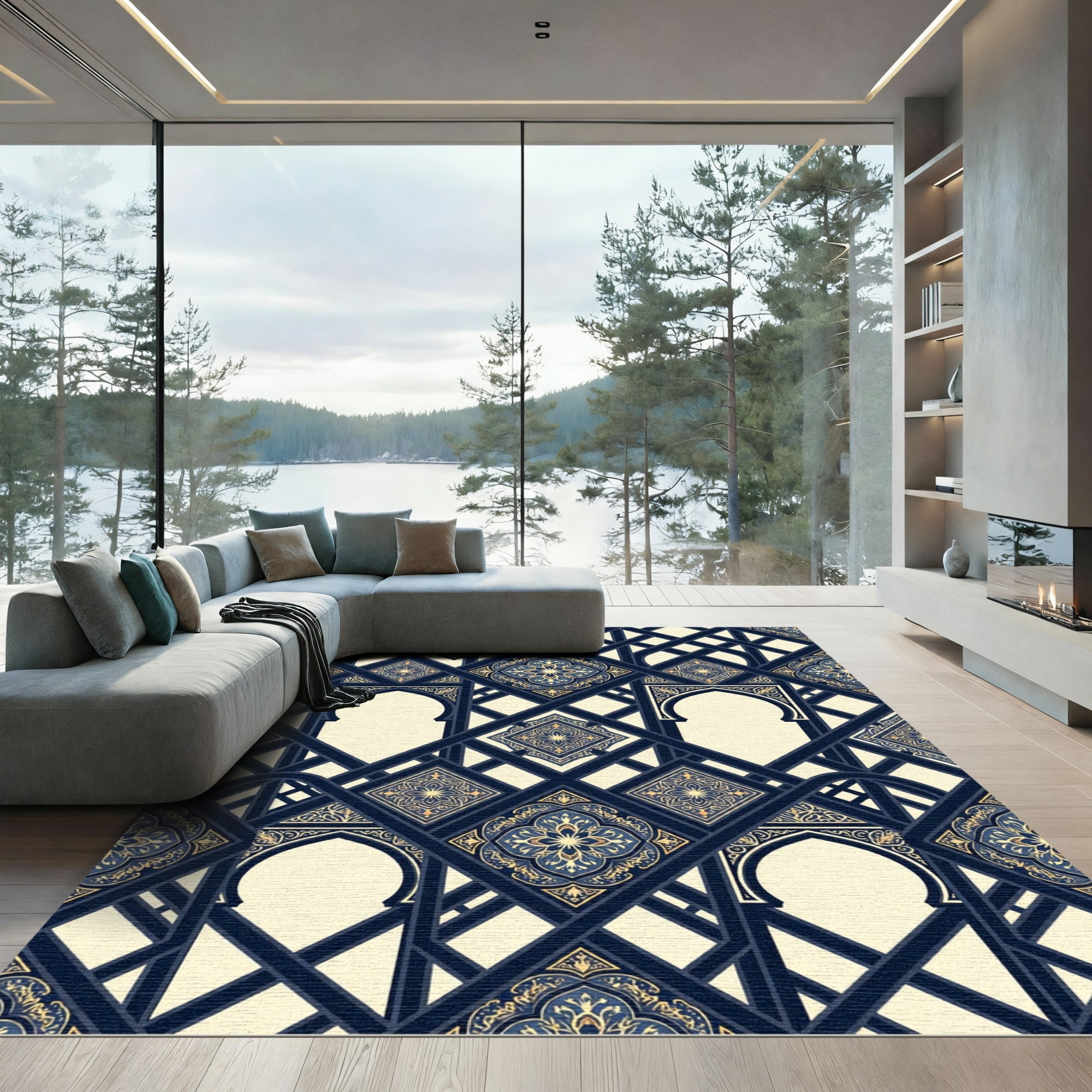 Rich Navy Gold Arch Medallion Lattice Rug