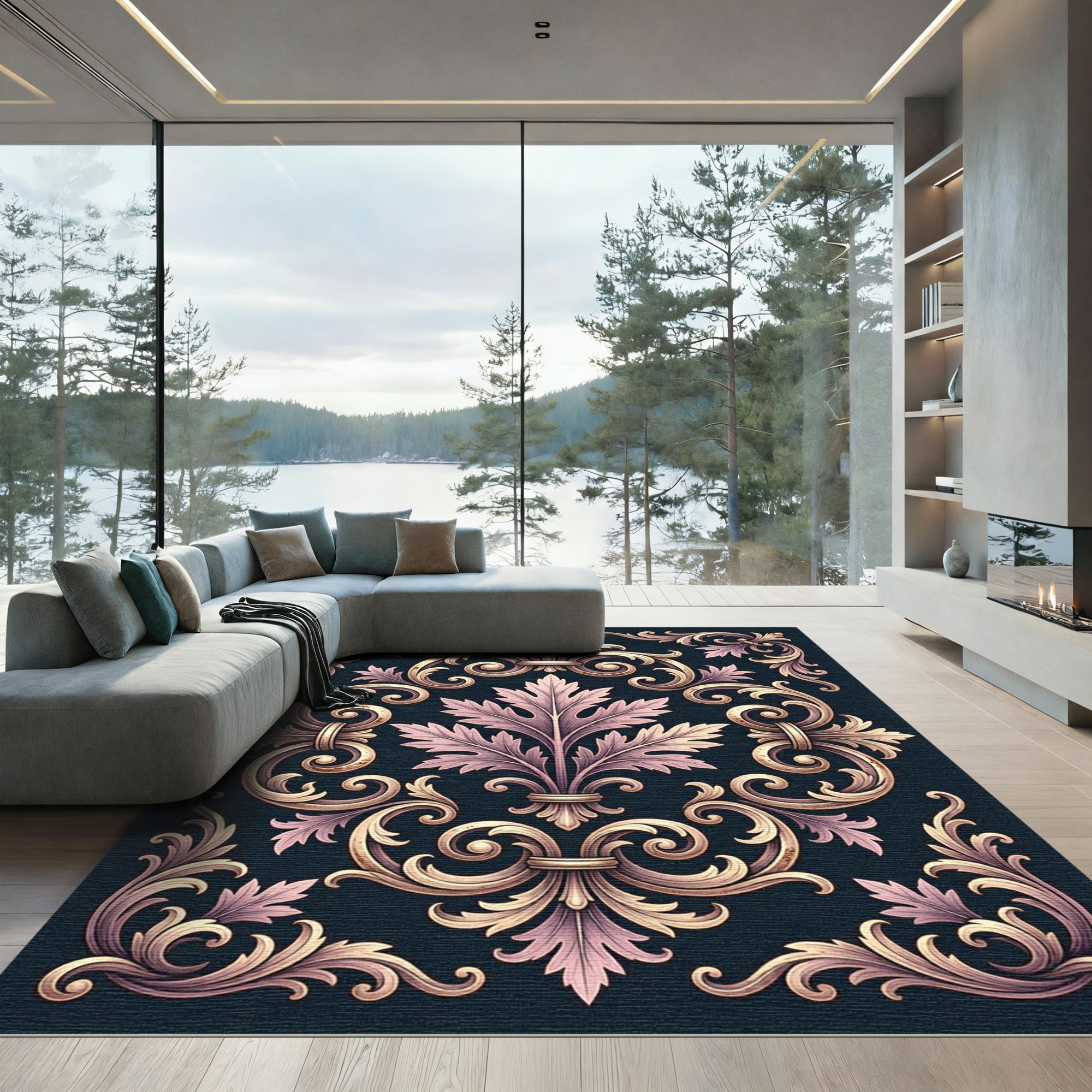 Ornate Pink and Gold Acanthus Swirl Rug
