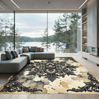 Ornate Charcoal Scroll Medallion Antique Parchment Rug