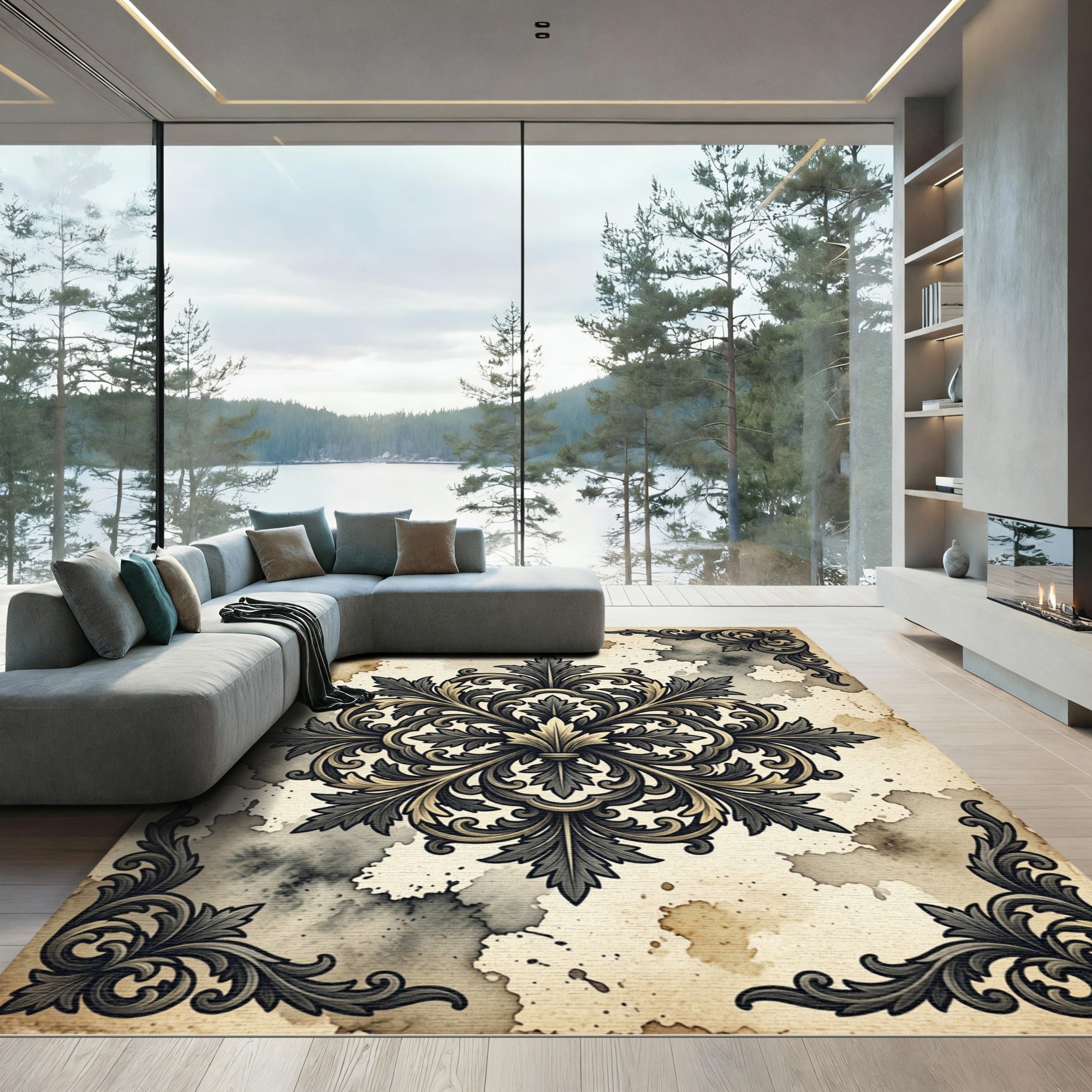 Ornate Charcoal Scroll Medallion Antique Parchment Rug