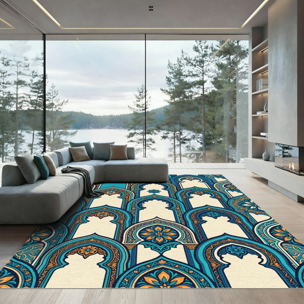 Turquoise Orange Arch Medallion Pattern Rug