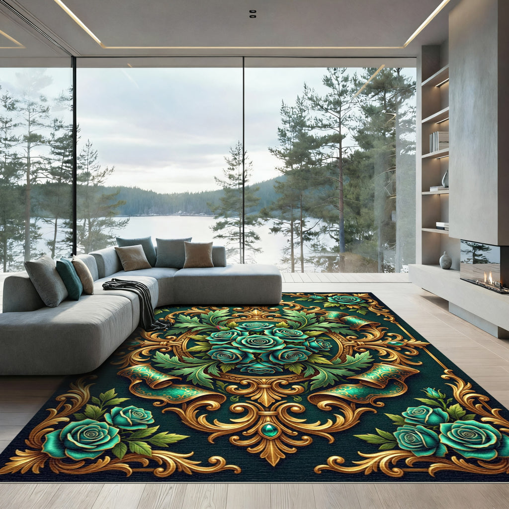 Emerald Roses Golden Scrollwork Harmony Rug