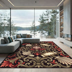 Ornate Scarlet Seashell Scrollwork Rug