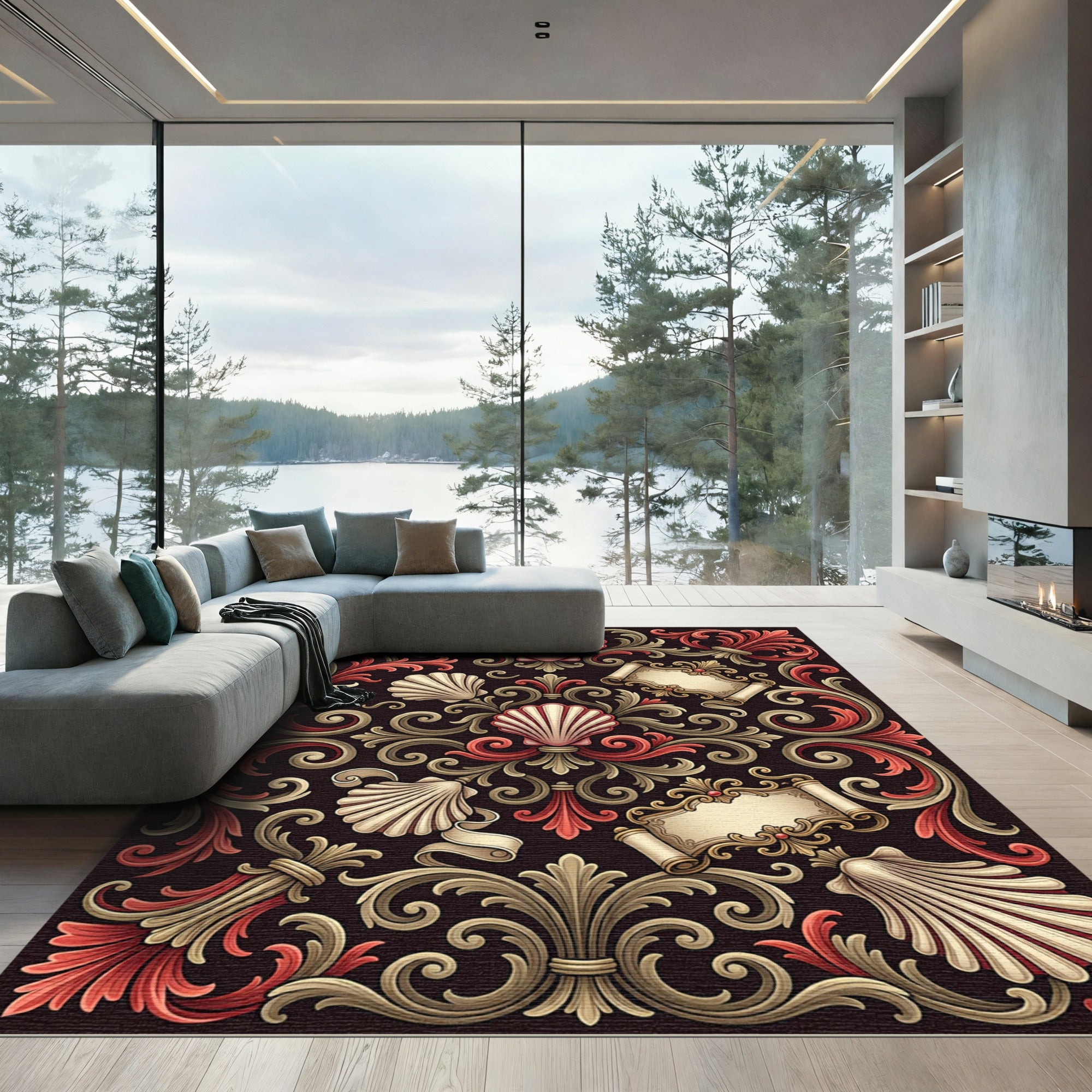 Ornate Scarlet Seashell Scrollwork Rug