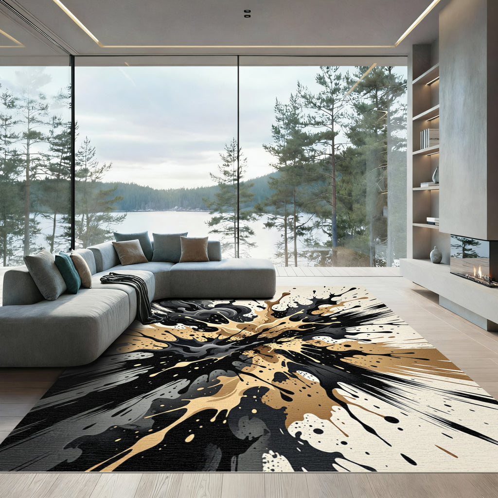 Abstract Black Gold Paint Splatter Rug