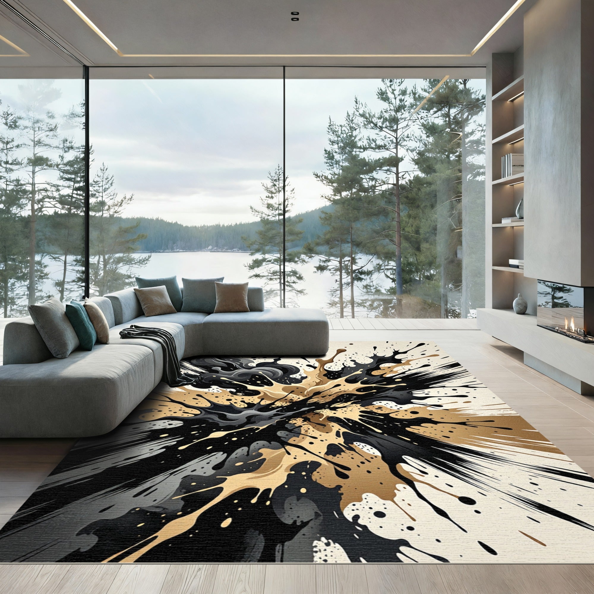 Abstract Black Gold Paint Splatter Rug