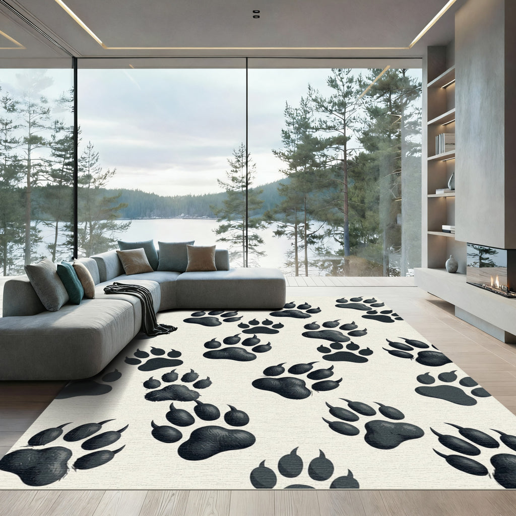 Monochrome Grizzly Bear Paw Track Rug
