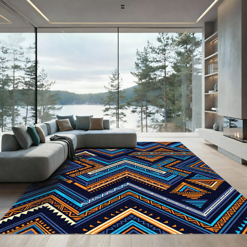 Vibrant Blue Orange Geometric Tribal Zigzag Rug