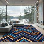Vibrant Blue Orange Geometric Tribal Zigzag Rug