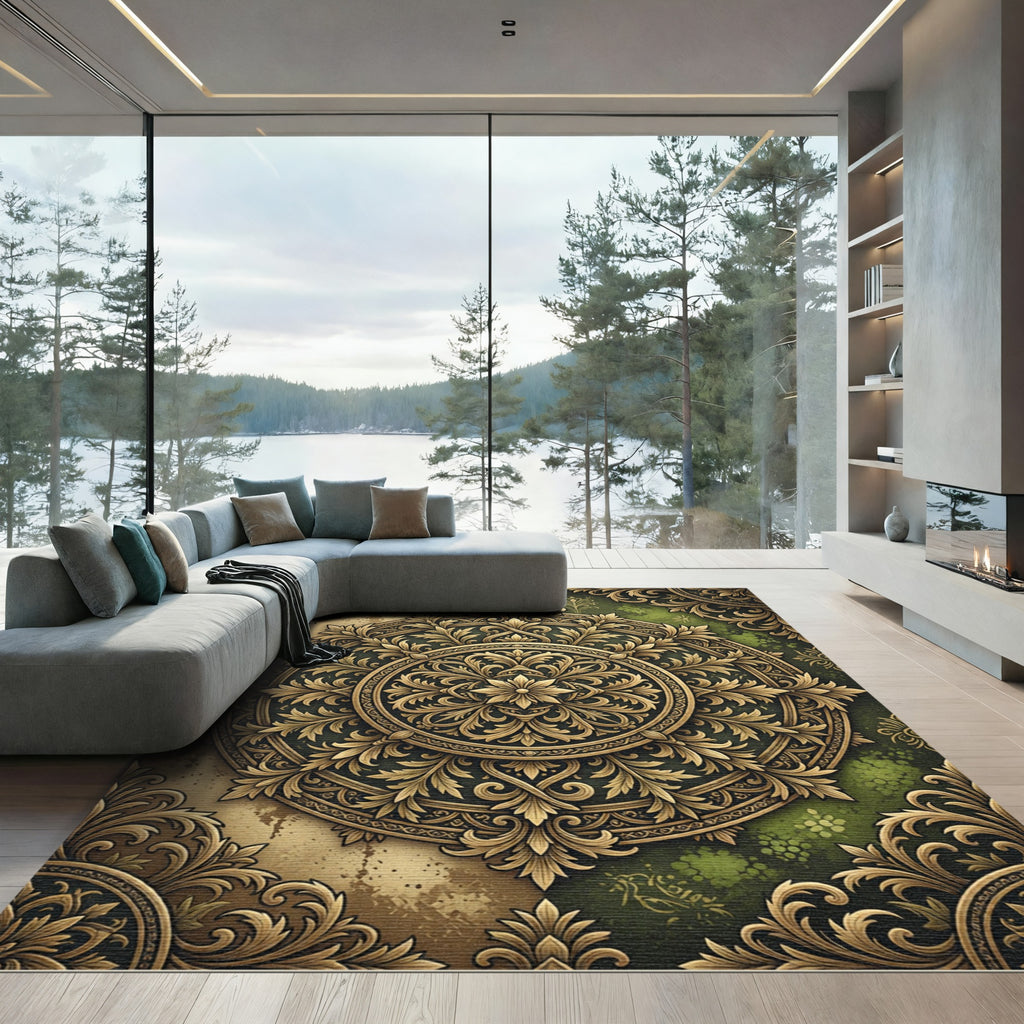 Ornate Golden Medallion Emerald Floral Rug