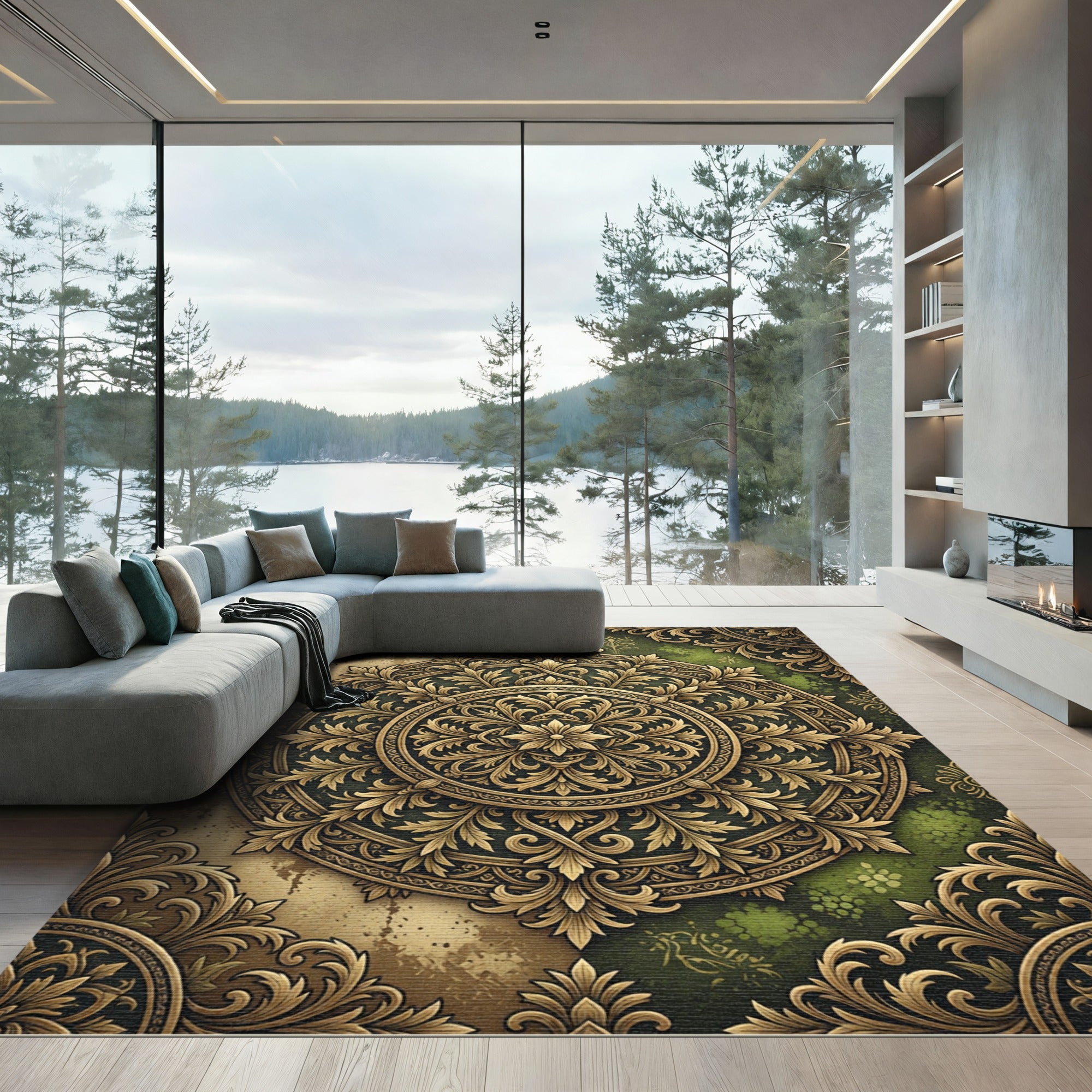 Ornate Golden Medallion Emerald Floral Rug