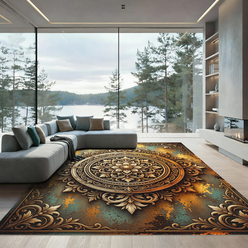 Ornate Golden Floral Medallion Artifact Rug