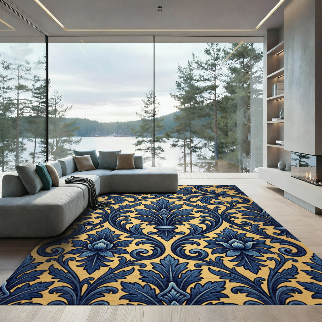 Ornate Navy Blue Gold Damask Rug