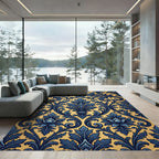 Ornate Navy Blue Gold Damask Rug