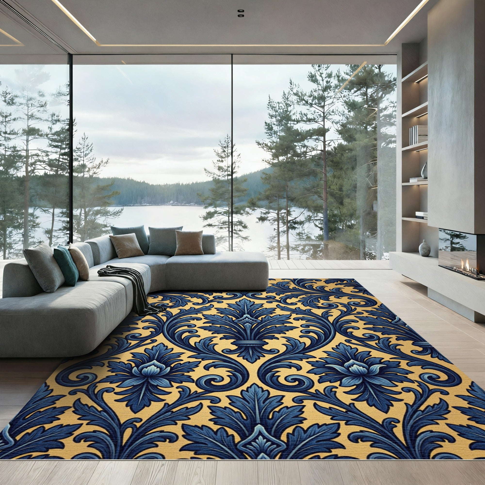 Ornate Navy Blue Gold Damask Rug