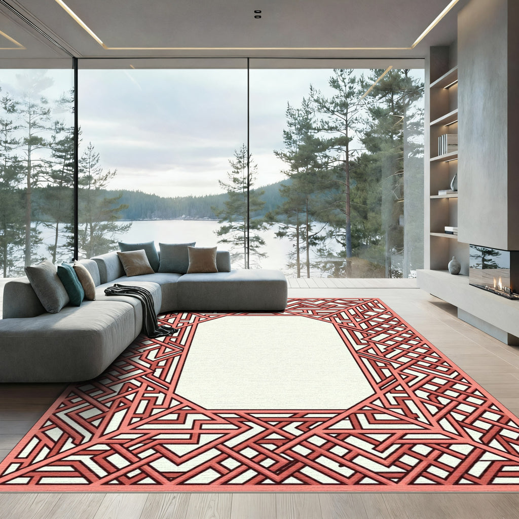 Coral Interlocking Geometric Framed Rug
