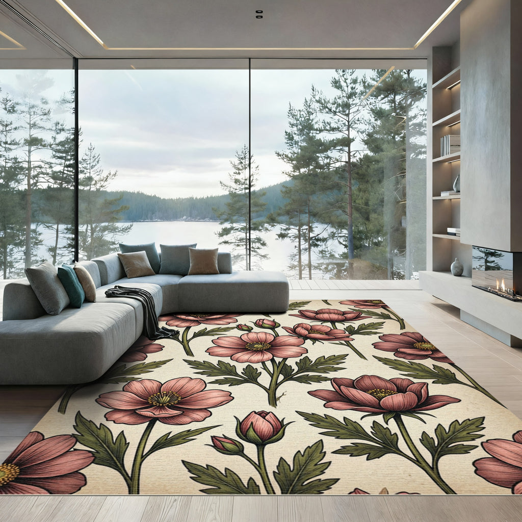 Vintage Dusty Rose Floral Botanical Rug