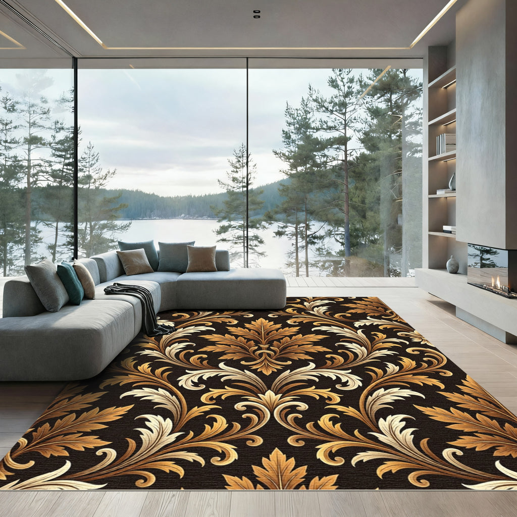 Rich Gold Acanthus Leaf Damask Rug