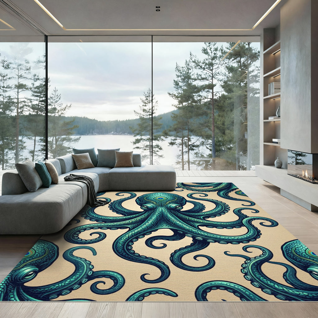 Teal Octopus Peacock Eye Surreal Rug