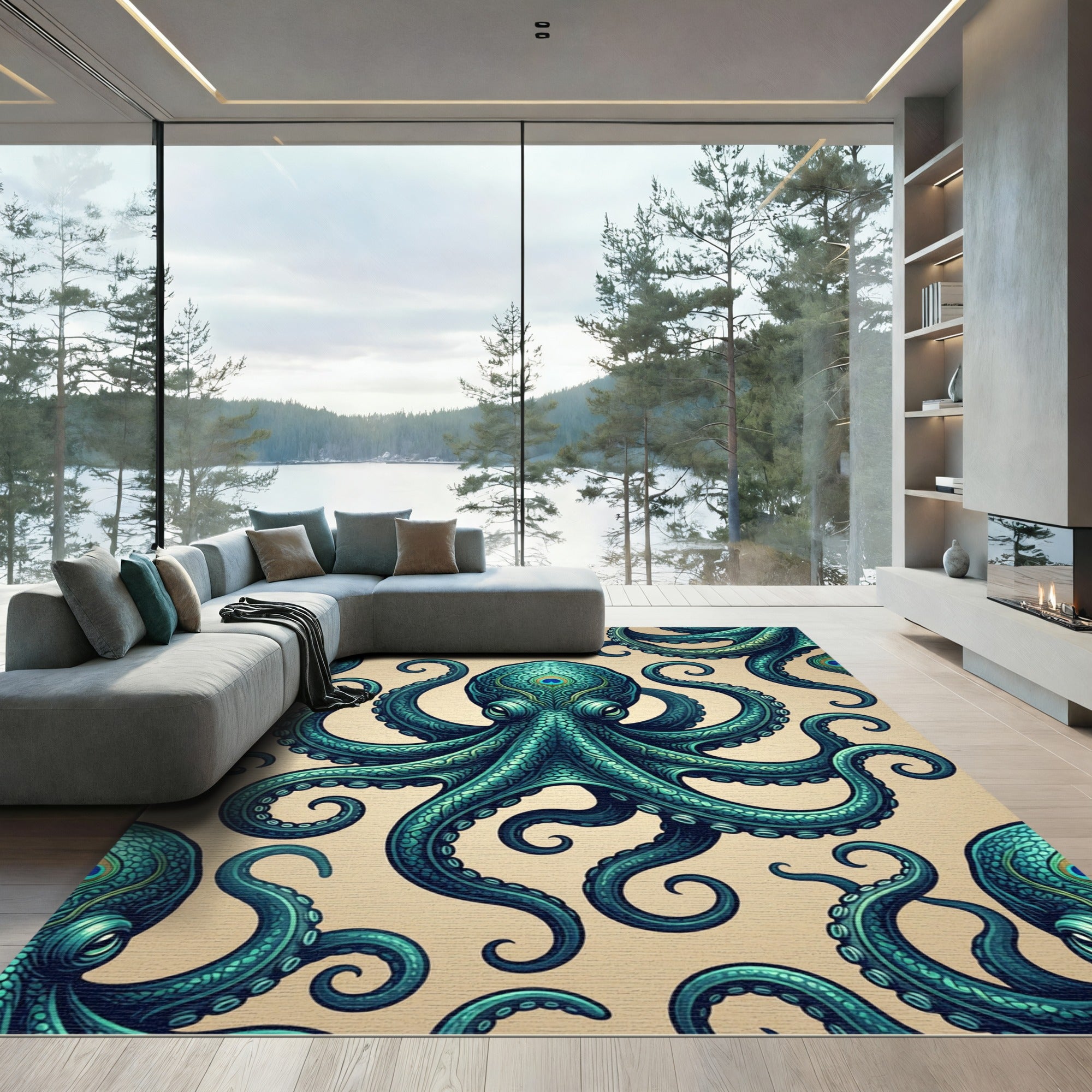 Teal Octopus Peacock Eye Surreal Rug