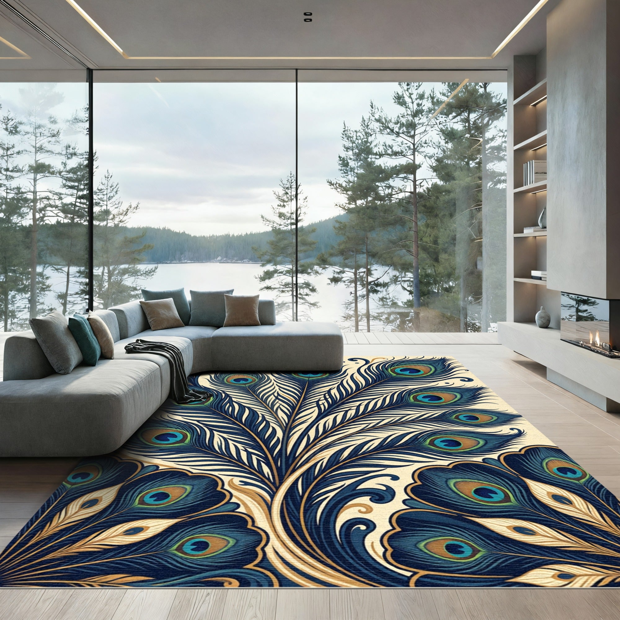 Elegant Navy Peacock Feather Art Deco Rug