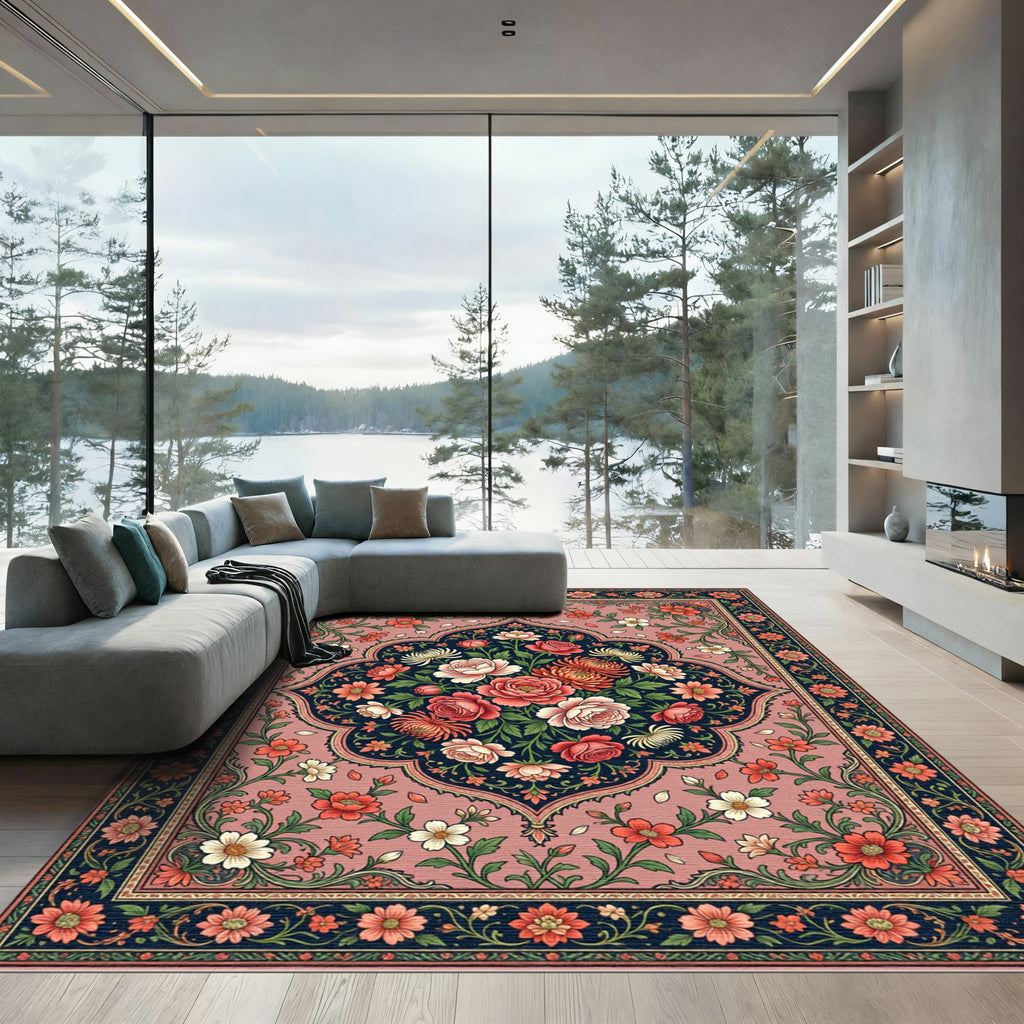 Coral Rose Garden Floral Medallion Rug