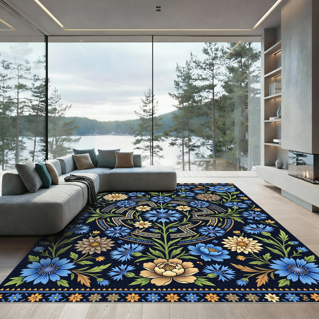 Midnight Blue Botanical Cornflower Medallion Rug