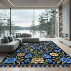 Midnight Blue Botanical Cornflower Medallion Rug
