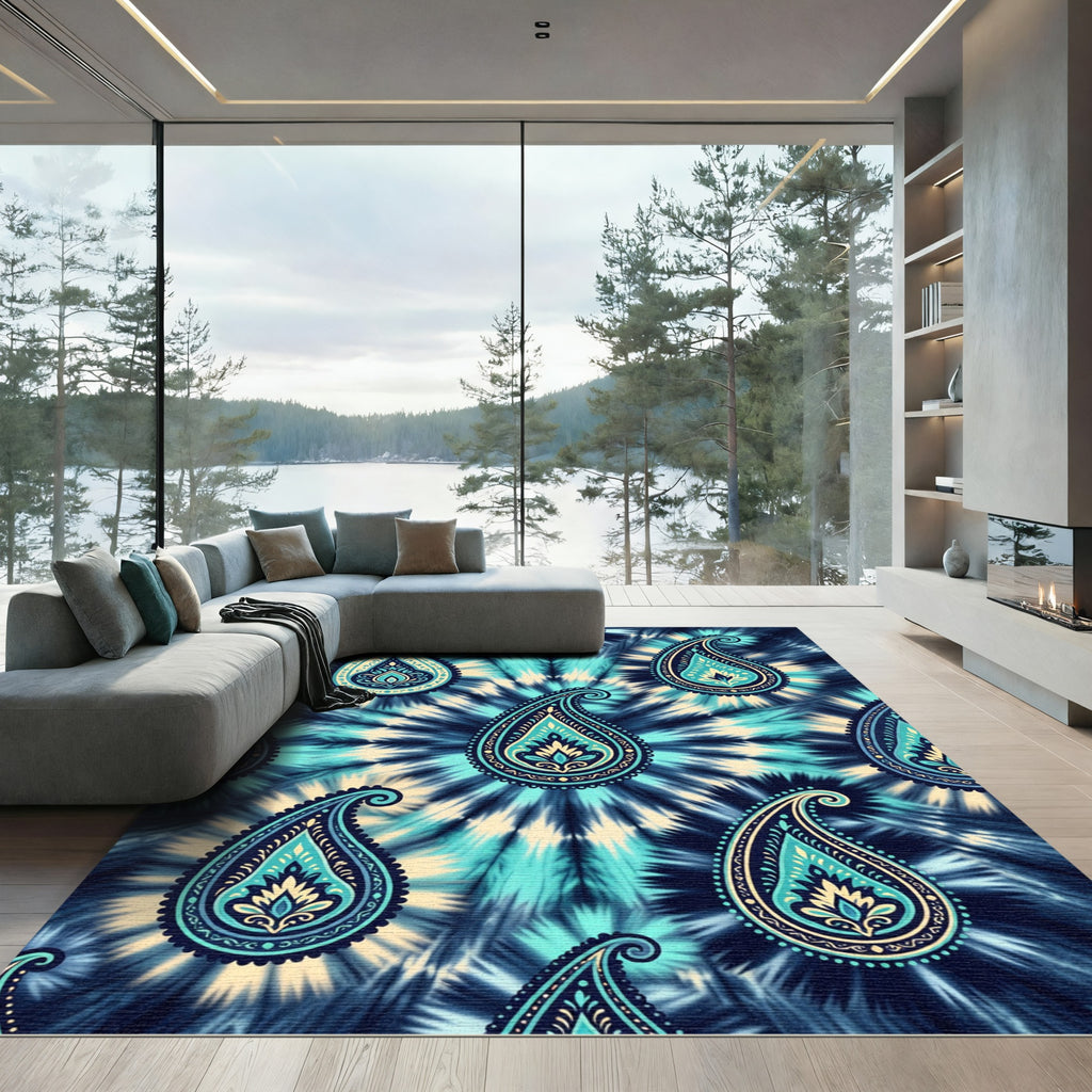 Teal Blue Tie Dye Paisley Swirl Rug