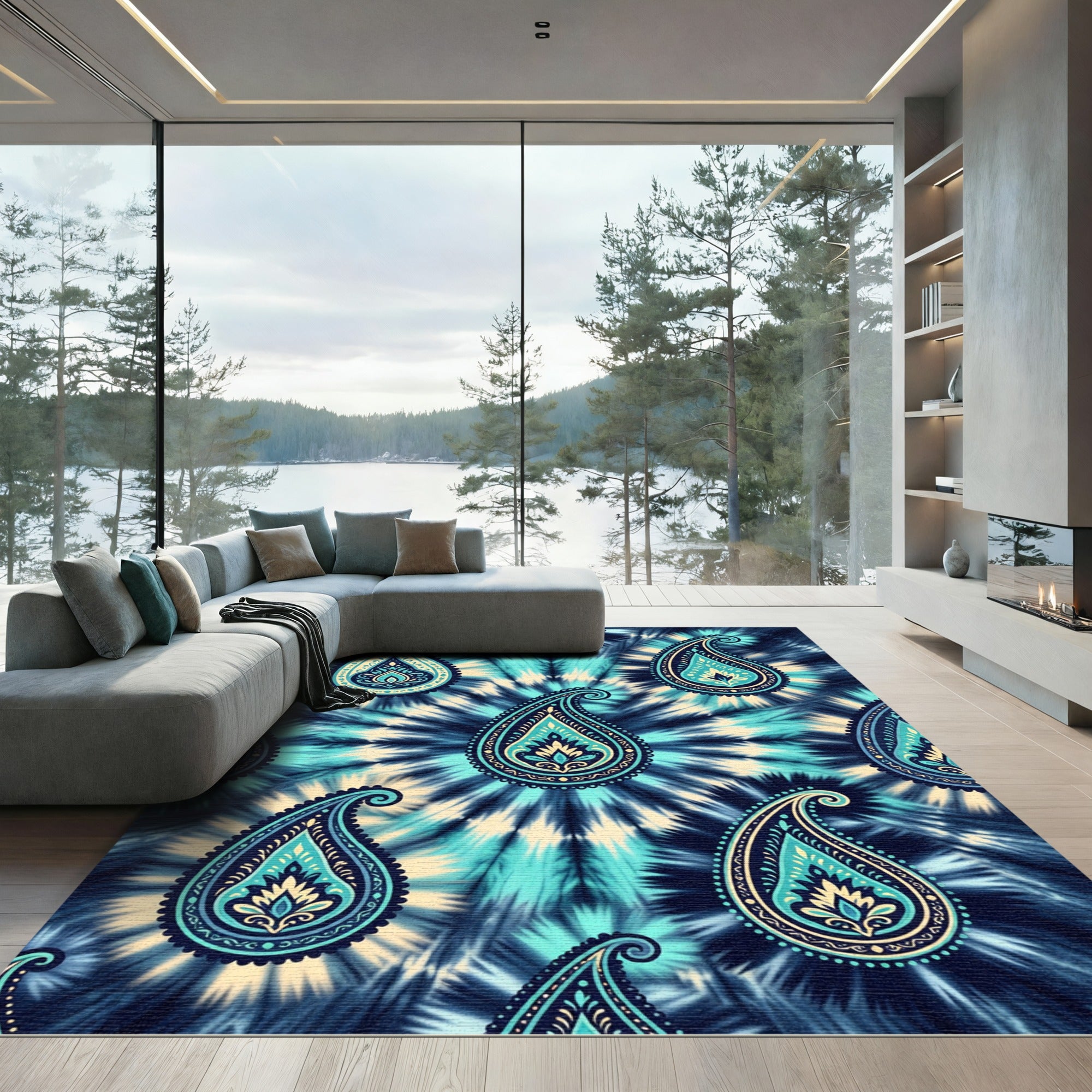 Teal Blue Tie Dye Paisley Swirl Rug