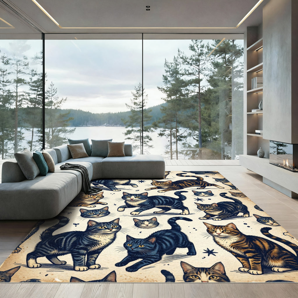 Whimsical Hand Drawn Tabby Cat Illustration Rug