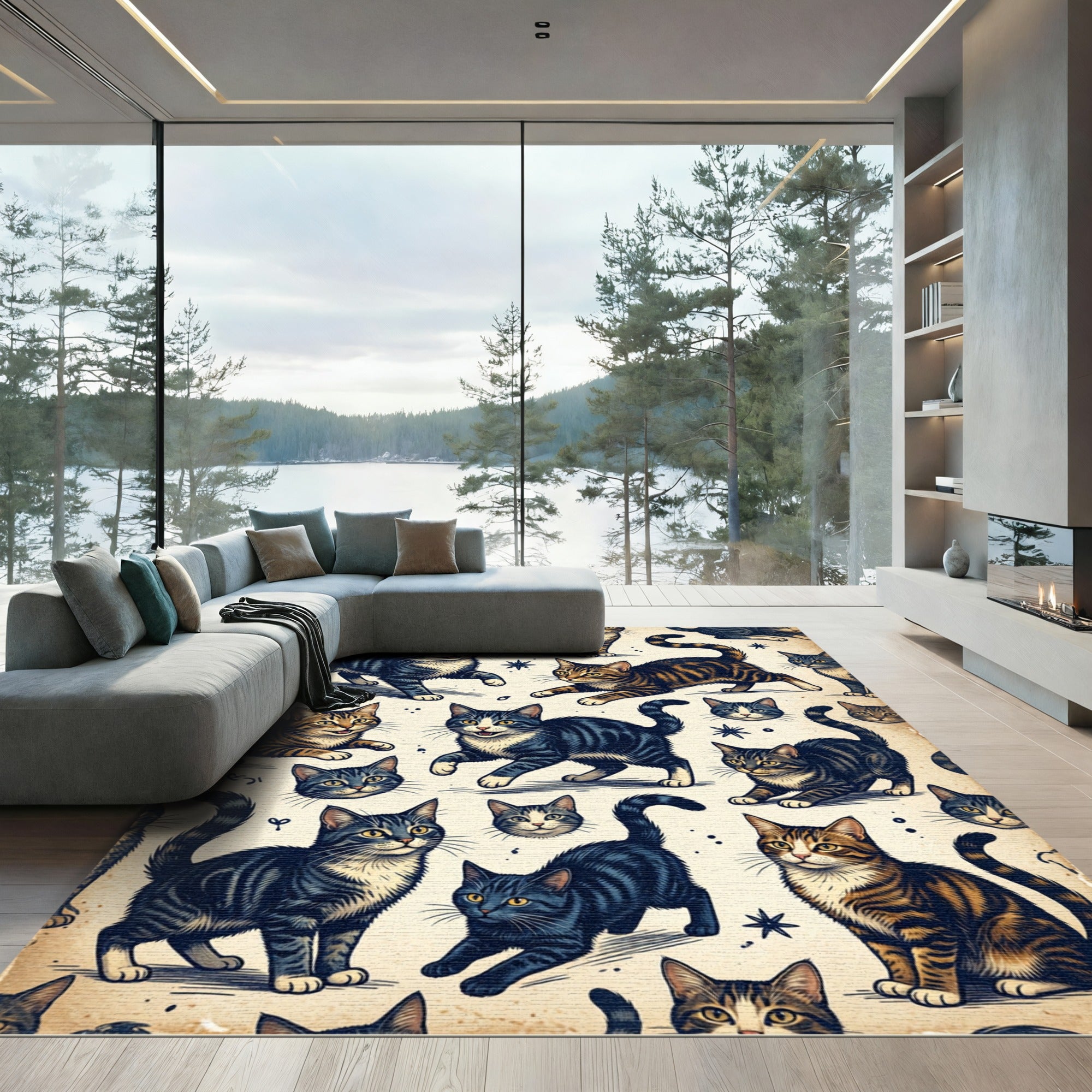 Whimsical Hand Drawn Tabby Cat Illustration Rug