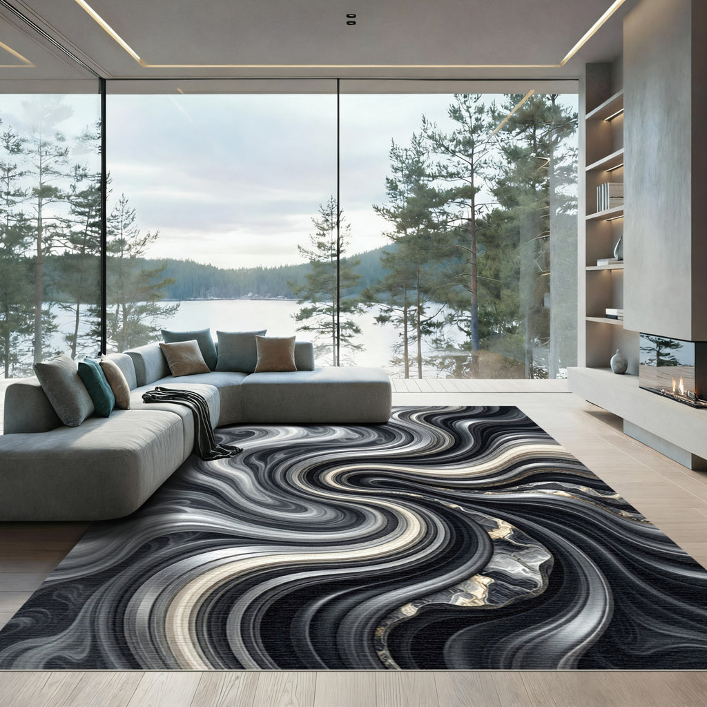 Monochromatic Swirl Marbling Agate Accents Rug