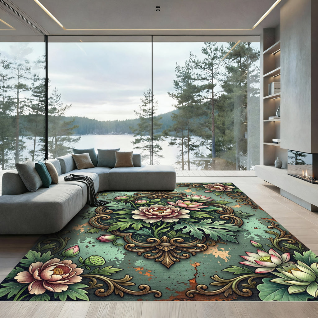 Ornate Sage Floral Peony Damask Rug